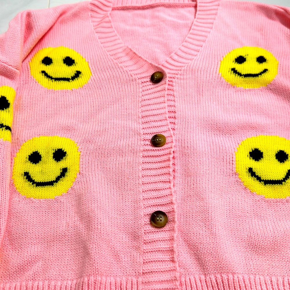 Women's Loose-Fit Smile Face Jacquard Knitted Cardigan Sweater Jacket in Pink, L - Picture 2 of 5